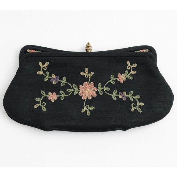 Vintage 50's-60's Black Embroidered Floral Clutch Purse with Gold Clasp formal - Picture 1 of 11